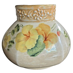 Jean Pouyat Limoges Reticulated Vase Handpainted Hibiscus Flowers France JPL